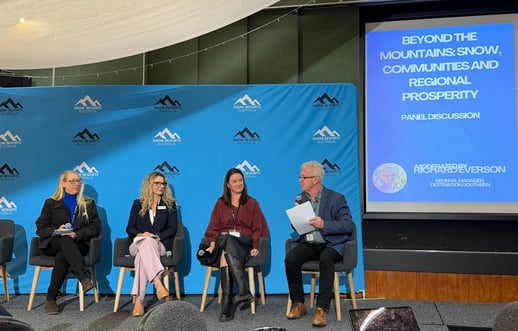 Panel discussion at the 2026 Snow Summit featuring regional tourism and industry leaders discussing alpine communities and regional prosperity
